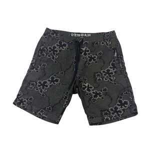 Denham Gray Black Floral Cotton Elastic Stretch Waist Shorts Men's Size Small‎